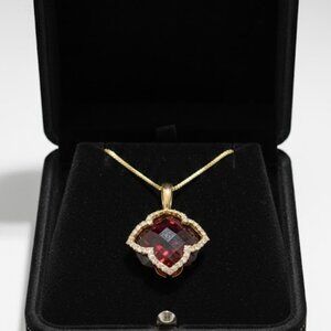 Garnet And Diamond Pendant and 18 inch Necklace 14k Yellow Gold.  AMAZING!!
